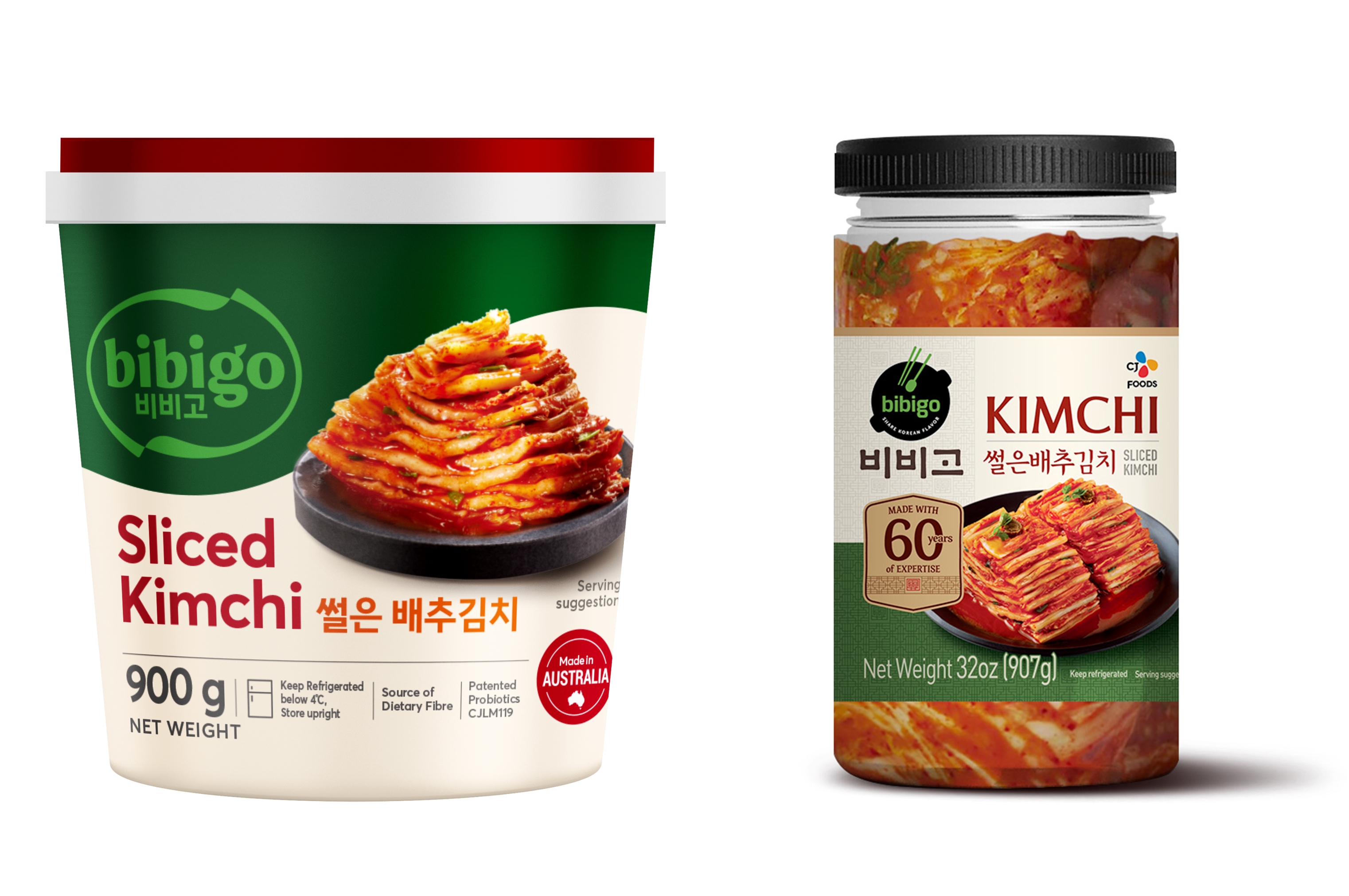 CJ제일제당 호주 현지 생산 김치(왼쪽), 북미 현지 생산 김치(오른쪽)