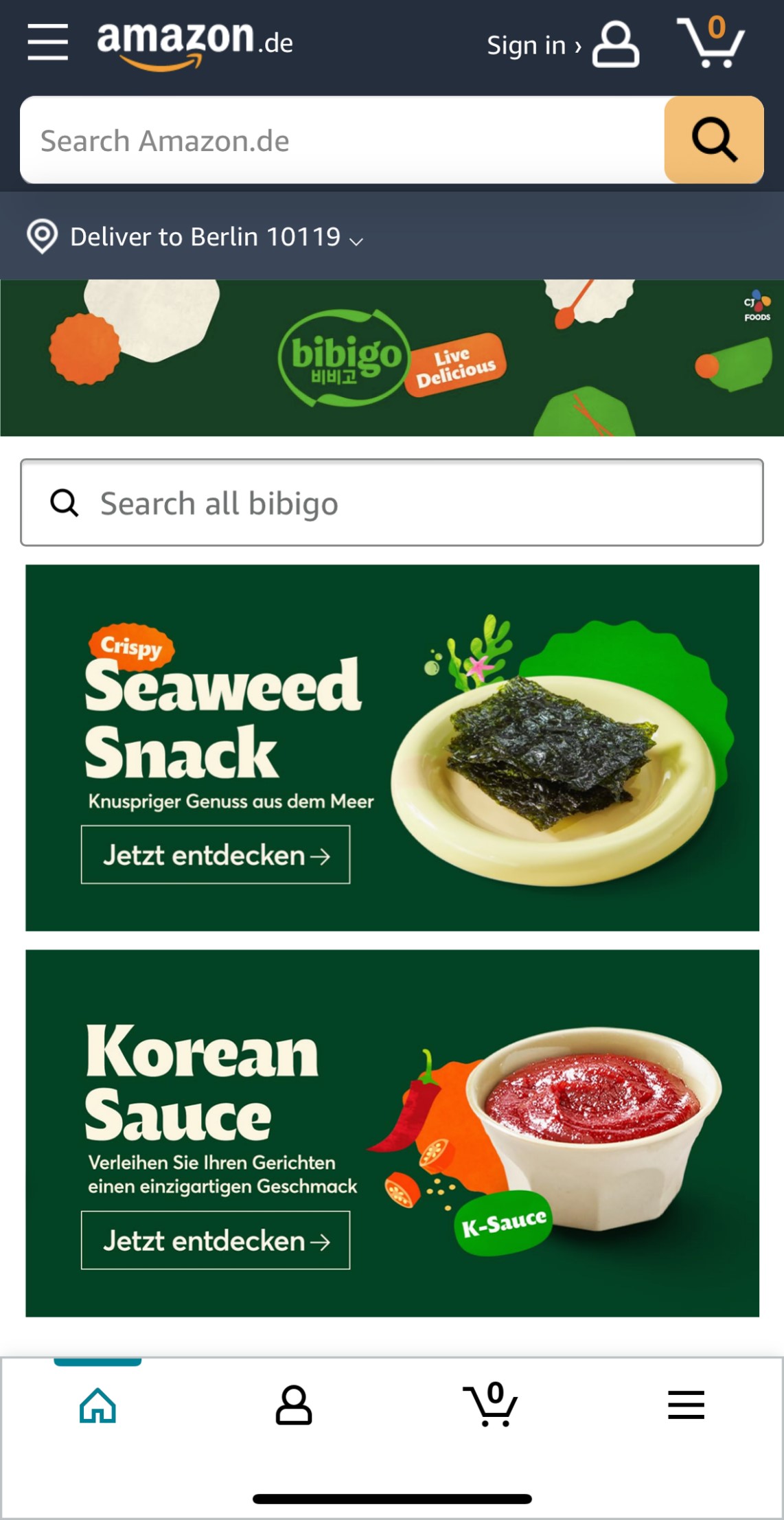 독일 아마존에 공식 입점한 CJ제일제당 '비비고 스토어'에서 판매중인 김과 K-소스