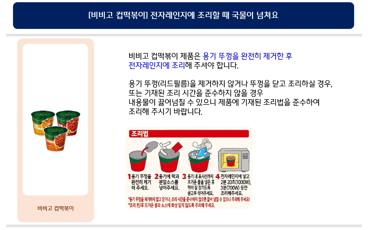 [비비고 컵떡볶이] 전자레인지에 조리할 때 국물이 넘쳐요. 비비고 컵떡볶이 제품은 용기 뚜껑을 완전히 제거한 후 전자레인지에 조리해 주셔야 합니다. 용기 뚜껑(리드필름)을 제거하지 않거나 뚜껑을 닫고 조리하실 경우, 또는 기재된 조리 시간을 준수하지 않을 경우 내용물이 끓어넘칠 수 있으니 제품에 기재된 조리법을 준수하여 조리해 주시기 바랍니다. 조리법: 1. 용기 뚜껑을 완전히 제거해 주세요. 2. 용기에 떡과 분말소스를 넣어주세요. 3. 용기 내 표시선까지 뜨거운 물을 넣은 후 떡이 잘 잠기도록 골고루 섞어주세요. 4. 전자레인지에 넣고 2분 20초(1000W), 3분(700W) 동안 조리해주세요. *용기 뚜껑을 제거하지 않고 닫거나, 조리 시간을 준수하지 않으면 끓어 넘칠 수 있으니 주의해 주세요! *조리 전/후 뜨거운 물과 소스에 화상 입지 않도록 주의해 주세요.