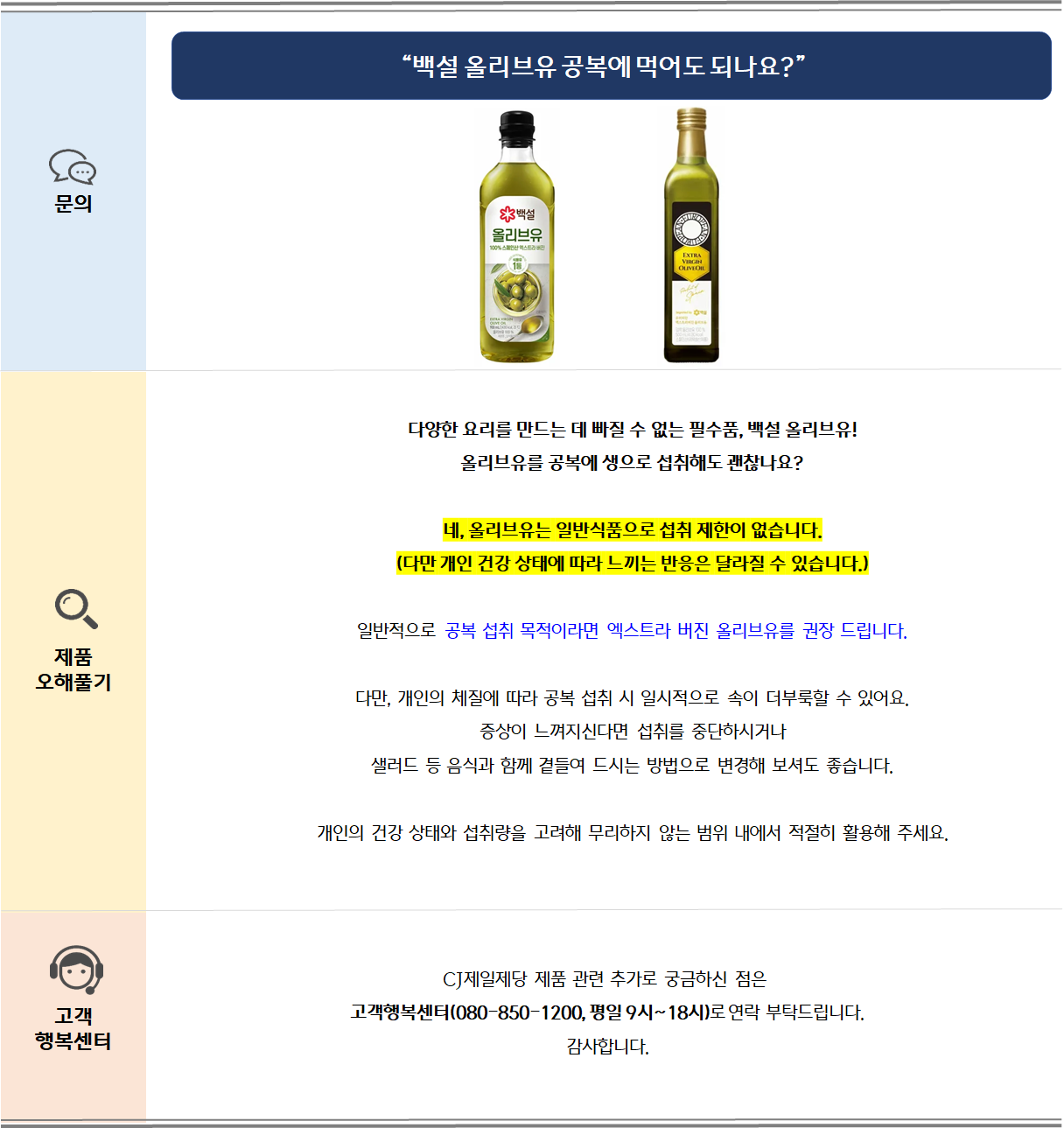 문의: 백설 올리브유 공복에 먹어도 되나요? 제품오해풀기: 다양한 요리를 만드는 데 빠질 수 없는 필수품, 백설 올리브유!올리브유를 공복에 생으로 섭취해도 괜찮나요?네, 올리브유는 일반식품으로 섭취 제한이 없습니다.(다만 개인 건강 상태에 따라 느끼는 반응은 달라질 수 있습니다.)일반적으로 공복 섭취 목적이라면 엑스트라 버진 올리브유를 권장 드립니다.다만, 개인의 체질에 따라 공복 섭취 시 일시적으로 속이 더부룩할 수 있어요. 증상이 느껴지신다면 섭취를 중단하시거나 샐러드 등 음식과 함께 곁들여 드시는 방법으로 변경해 보셔도 좋습니다.개인의 건강 상태와 섭취량을 고려해 무리하지 않는 범위 내에서 적절히 활용해 주세요. 고객 행복센터: CJ제일제당 제품 관련 추가로 궁금하신 점은 고객행복센터(080-850-1200, 평일 9시~18시)로 부탁드립니다. 감사합니다.
