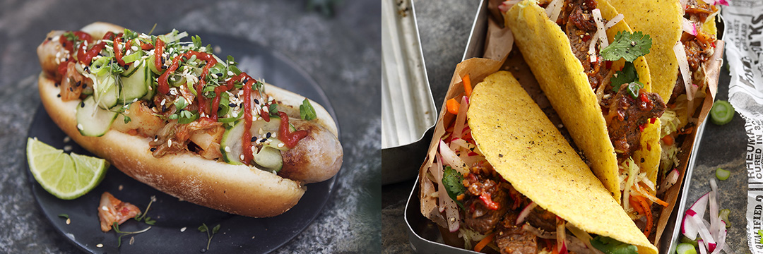 Taco image with Bulgogi and Hotdog image width Kimchi