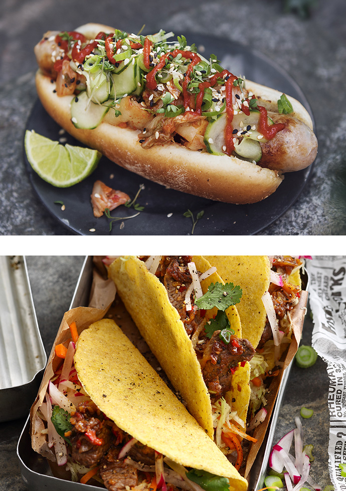Taco image with Bulgogi and Hotdog image width Kimchi