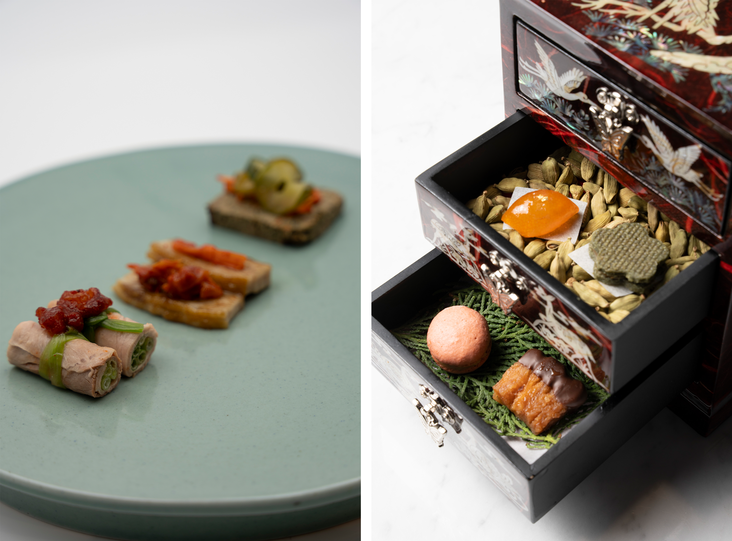 (Left) The main dish, “Whole Pork Platter” (Right) “Traditional Korean Dessert” to close the meal